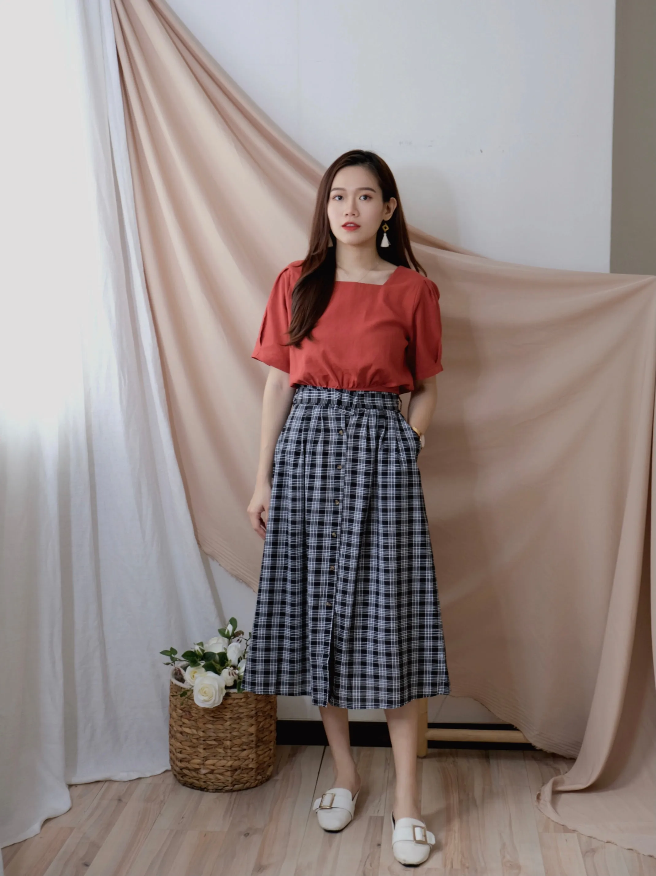 ACEWIN Belted Checkered Skirt (Free Size) 601270