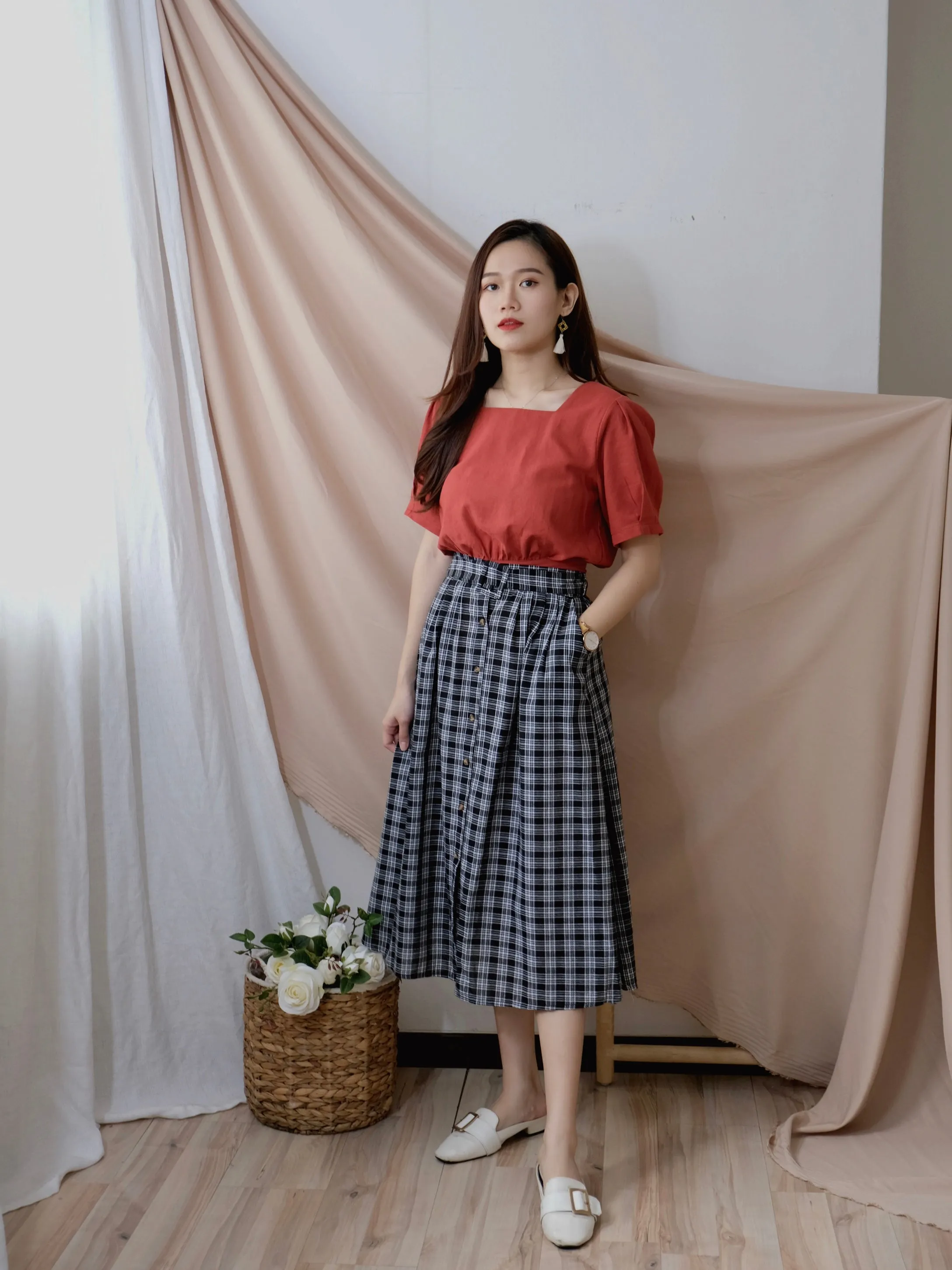 ACEWIN Belted Checkered Skirt (Free Size) 601270