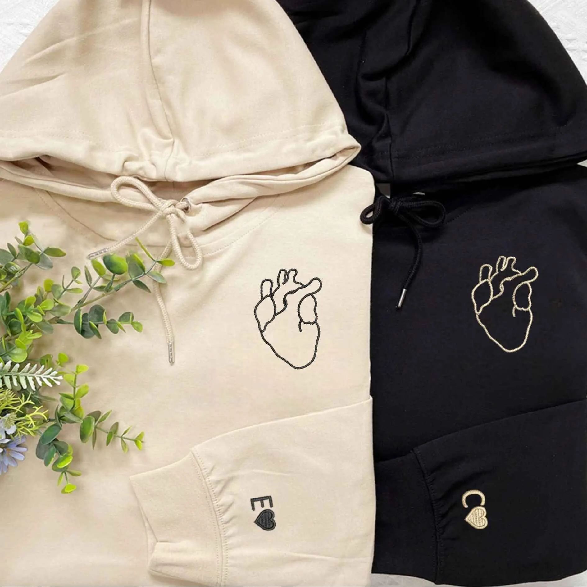 Artistic Heart Outline Embroidered Couple Hoodies - Personalized Embroidered Sweatshirts For Couples