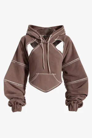 Athletic Contrast Stitch Blouson Sleeve Bow Tie Oversized Crop Cutout Hoodie