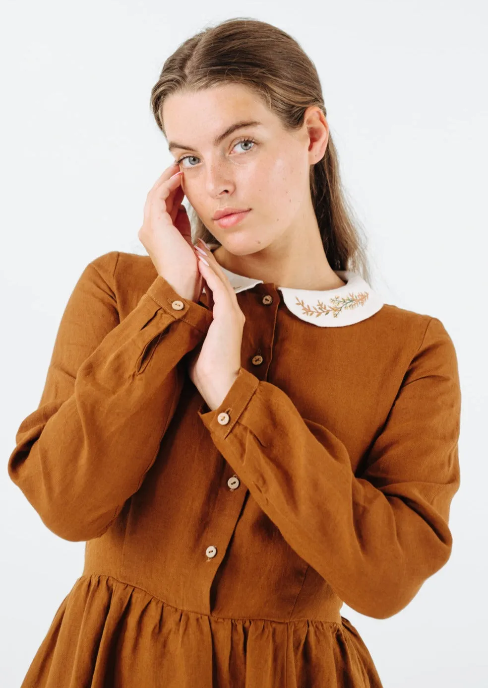 Classic Dress with Embroidered Golden Fields Collar, Long Sleeve