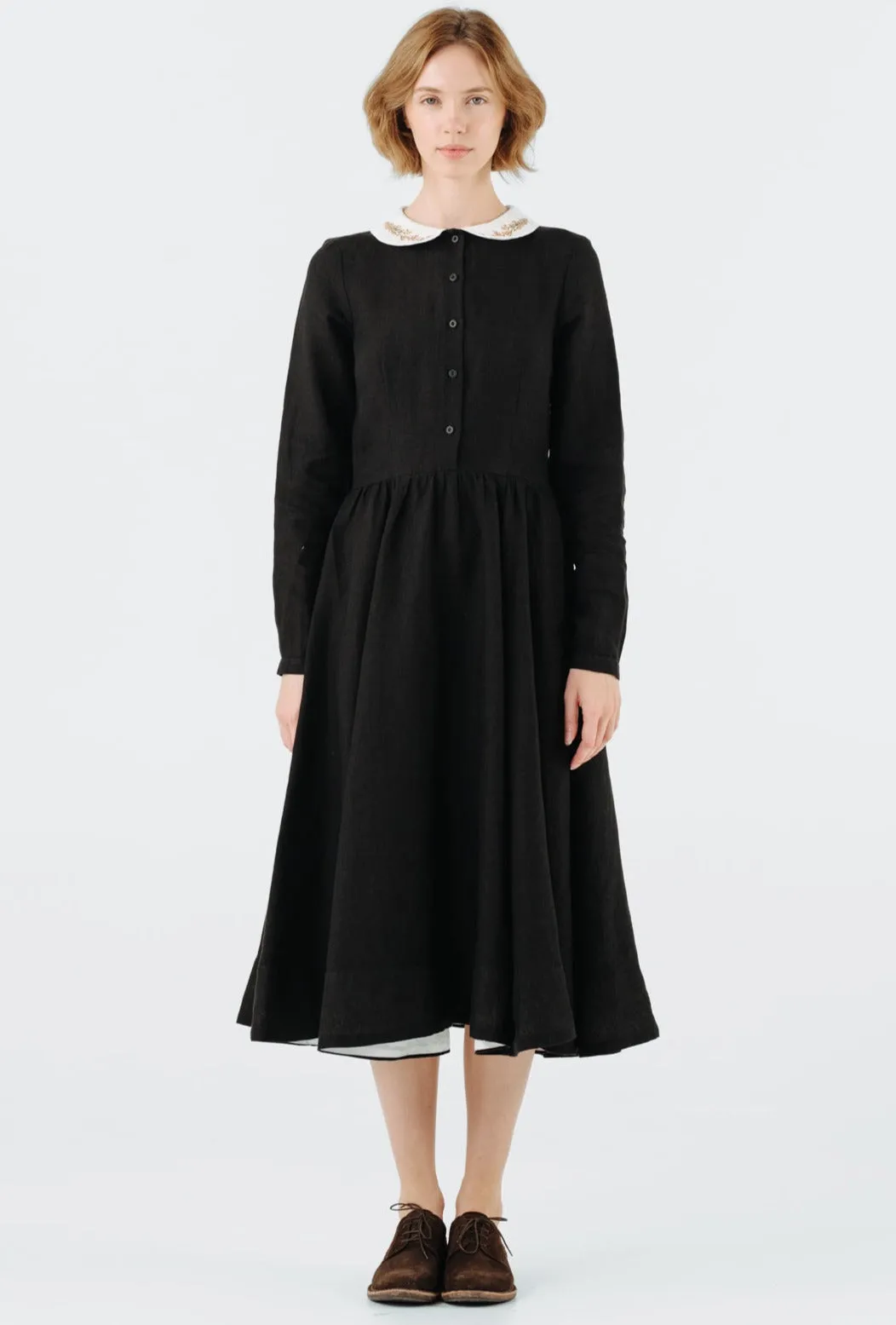 Classic Dress with Embroidered Golden Fields Collar, Long Sleeve