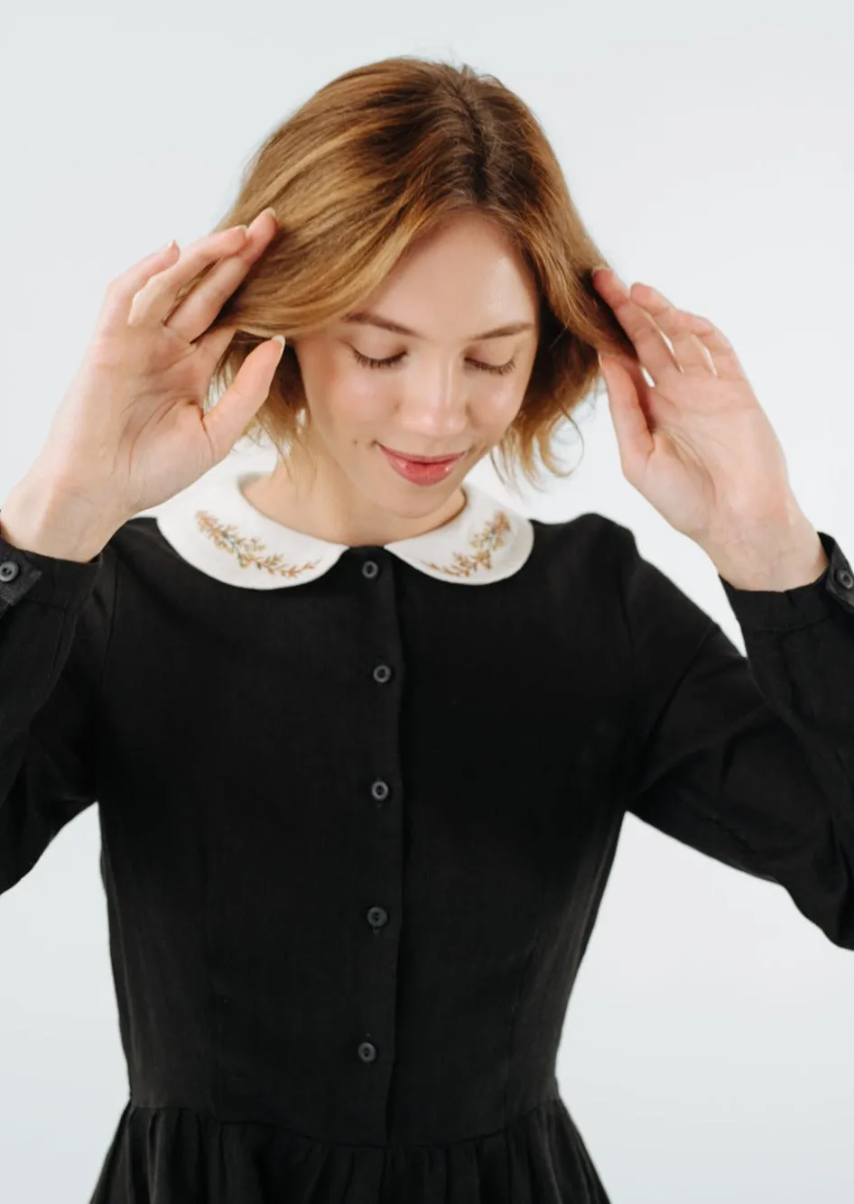 Classic Dress with Embroidered Golden Fields Collar, Long Sleeve