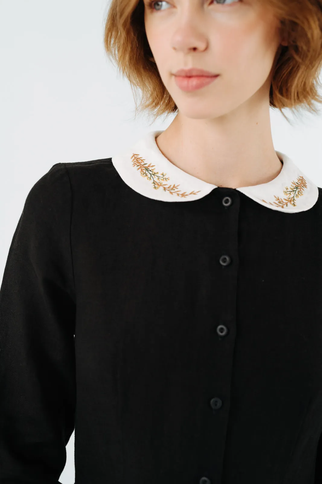 Classic Dress with Embroidered Golden Fields Collar, Long Sleeve