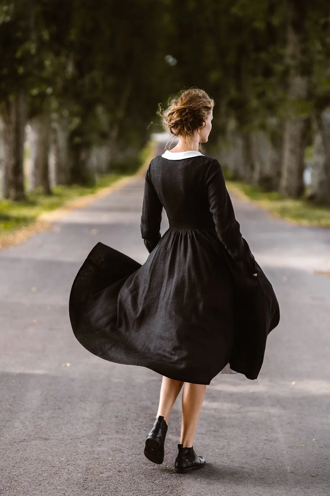 Classic Dress with Embroidered Meadow Collar, Long Sleeve