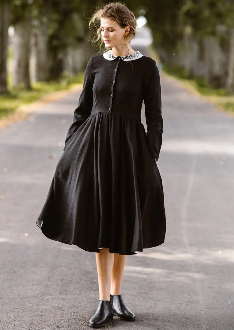 Classic Dress with Embroidered Meadow Collar, Long Sleeve