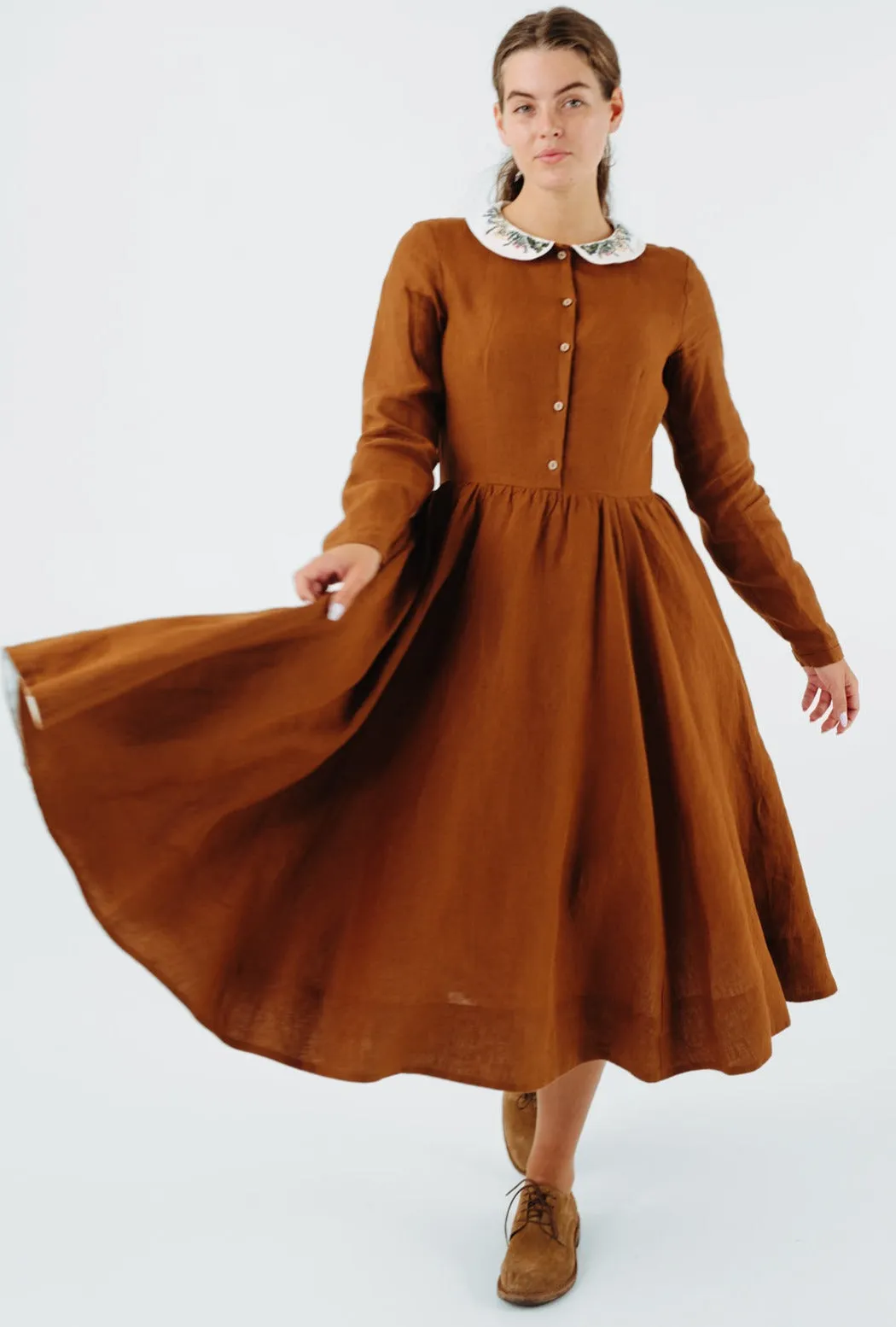 Classic Dress with Embroidered Meadow Collar, Long Sleeve