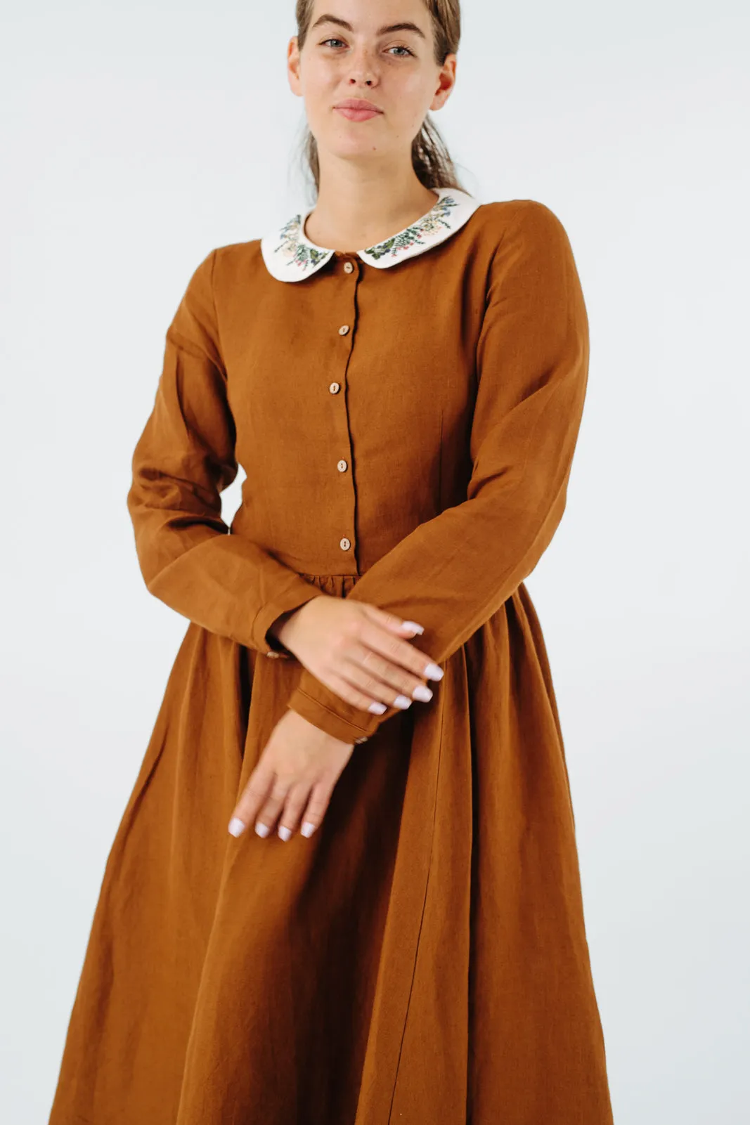 Classic Dress with Embroidered Meadow Collar, Long Sleeve