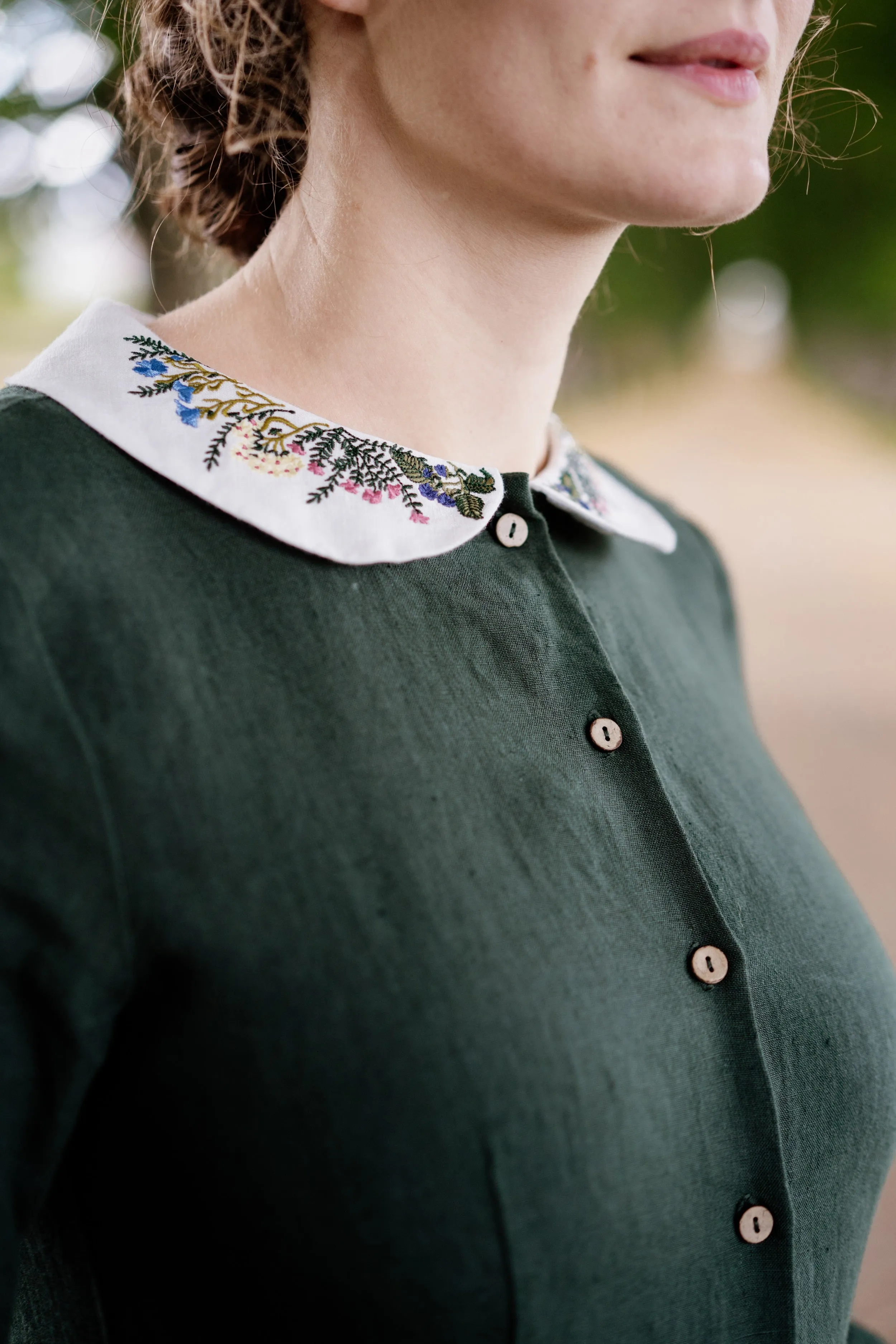 Classic Dress with Embroidered Meadow Collar, Long Sleeve