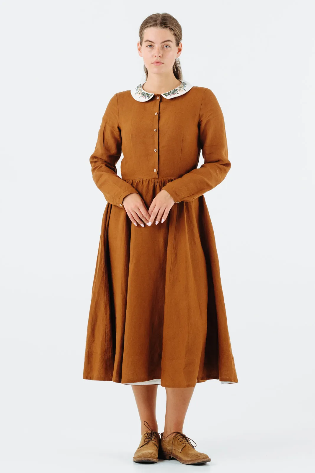 Classic Dress with Embroidered Meadow Collar, Long Sleeve