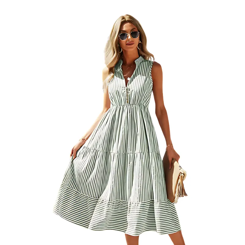 Classic Vertical Striped Sleeveless Tiered Midi Dress