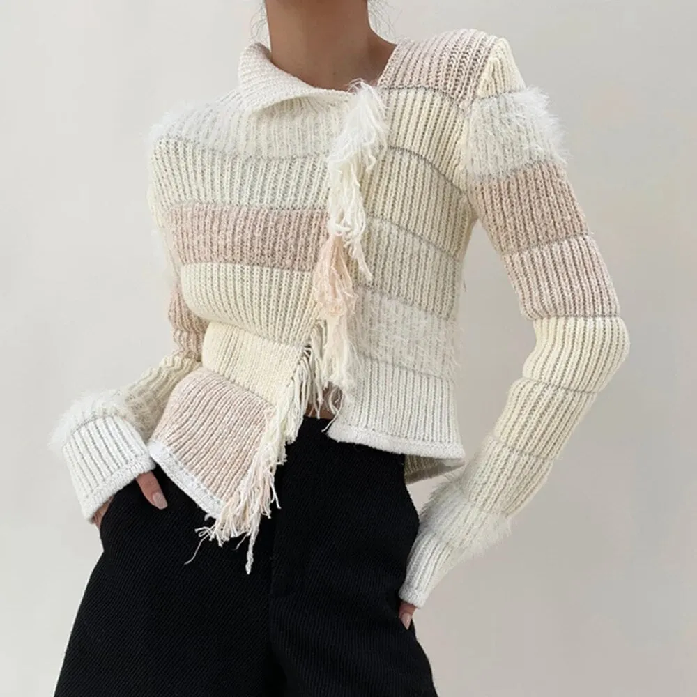 Colorblock Casual Slimming Sweaters For Women Round Neck Long Sleeve Patchwork Tassel Pullover Knit Sweater Female