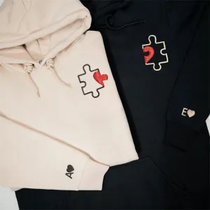 Custom Heart Puzzle Piece Matching Couple Hoodies – Personalized Cute Couple Sweatshirts with Heart Design