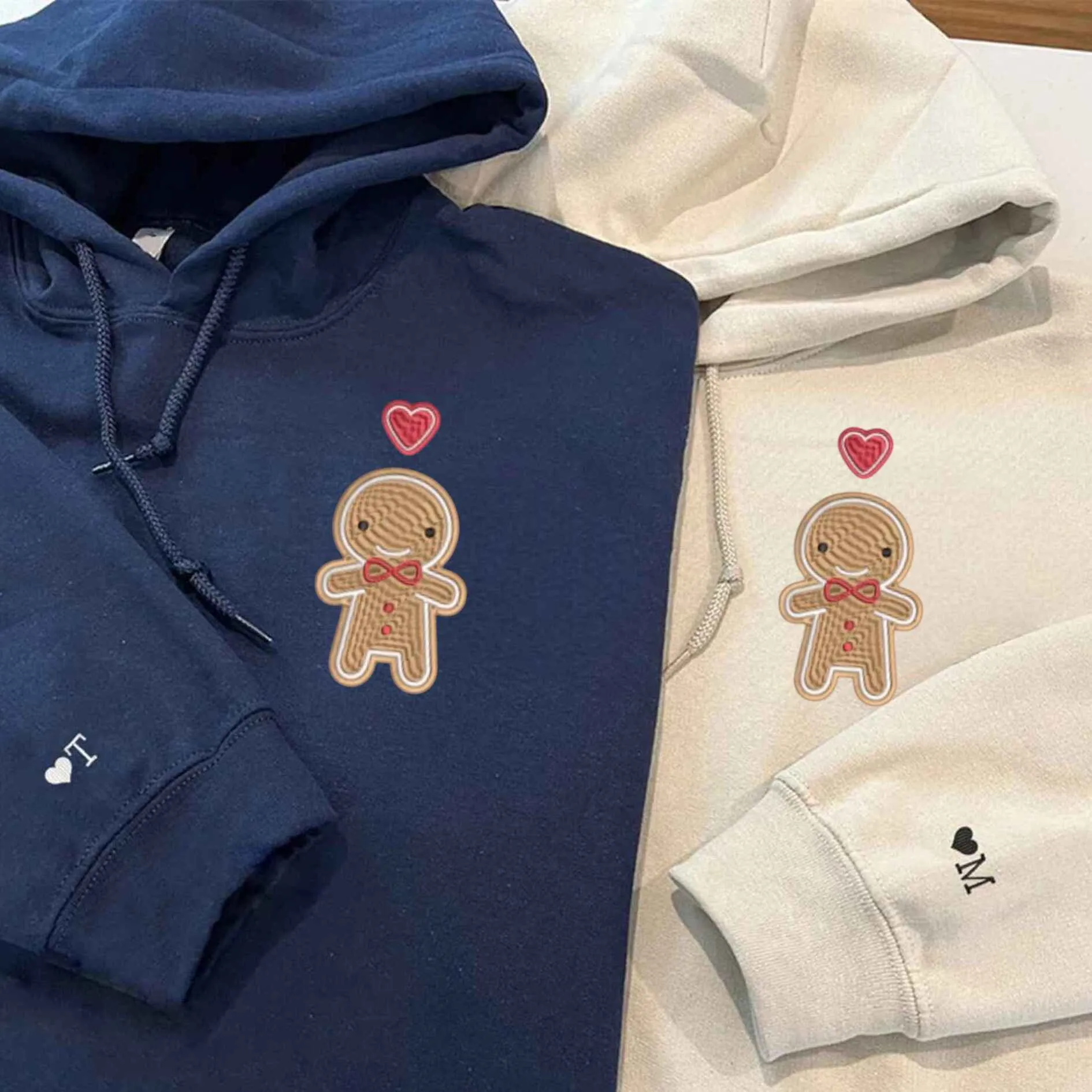 Cute Gingerbread Couple Couple Matching Hoodies - Custom Embroidered Sweatshirts For Couples