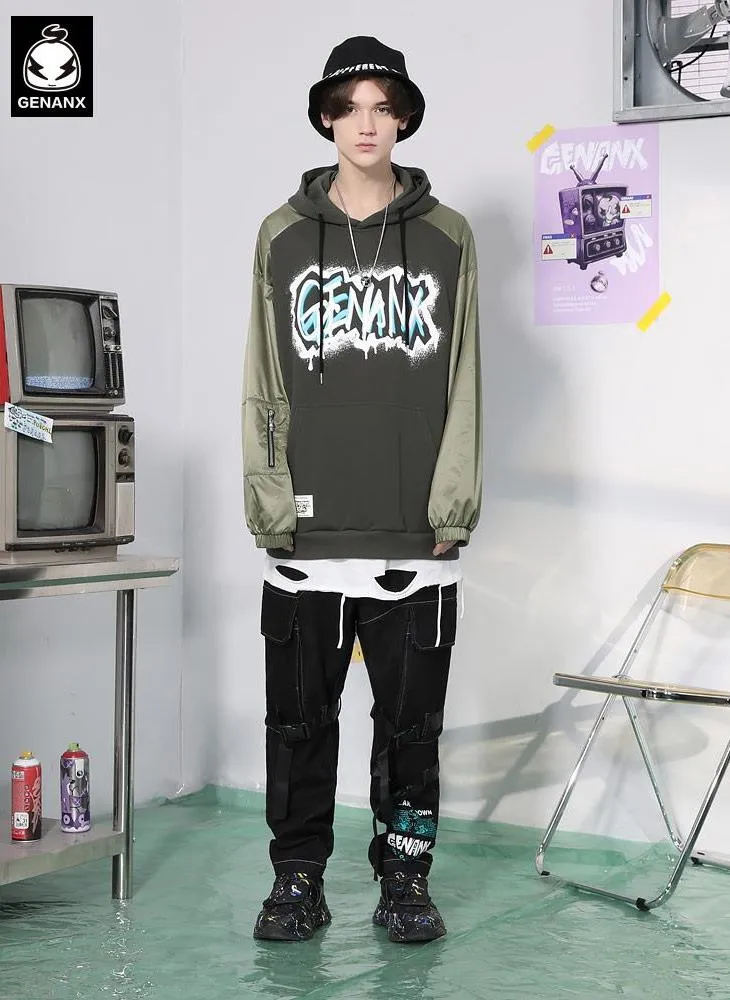 Dark Gray Kangaroo Pocket Graffiti Print Hoodies