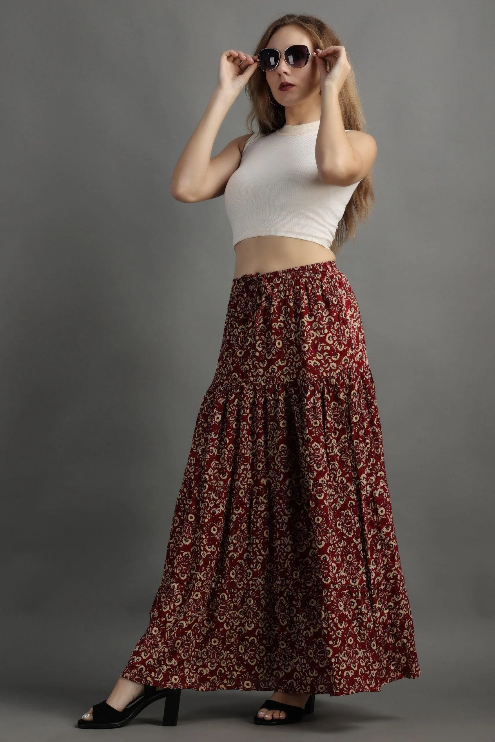 Dark Red Floral Printed Skirt