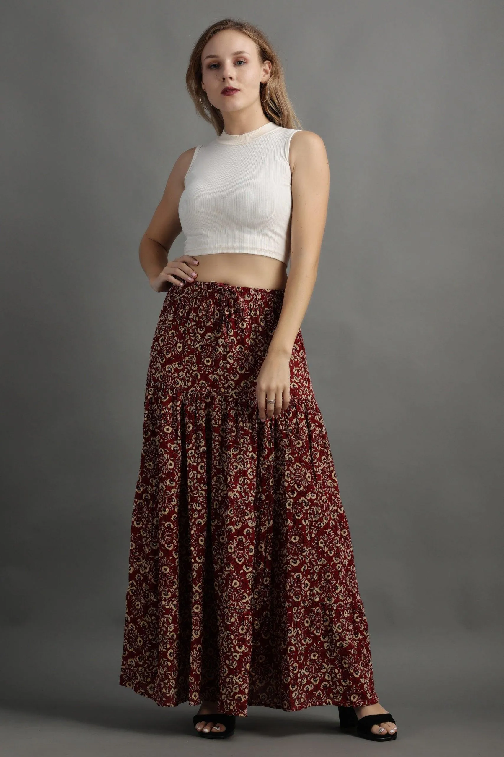 Dark Red Floral Printed Skirt