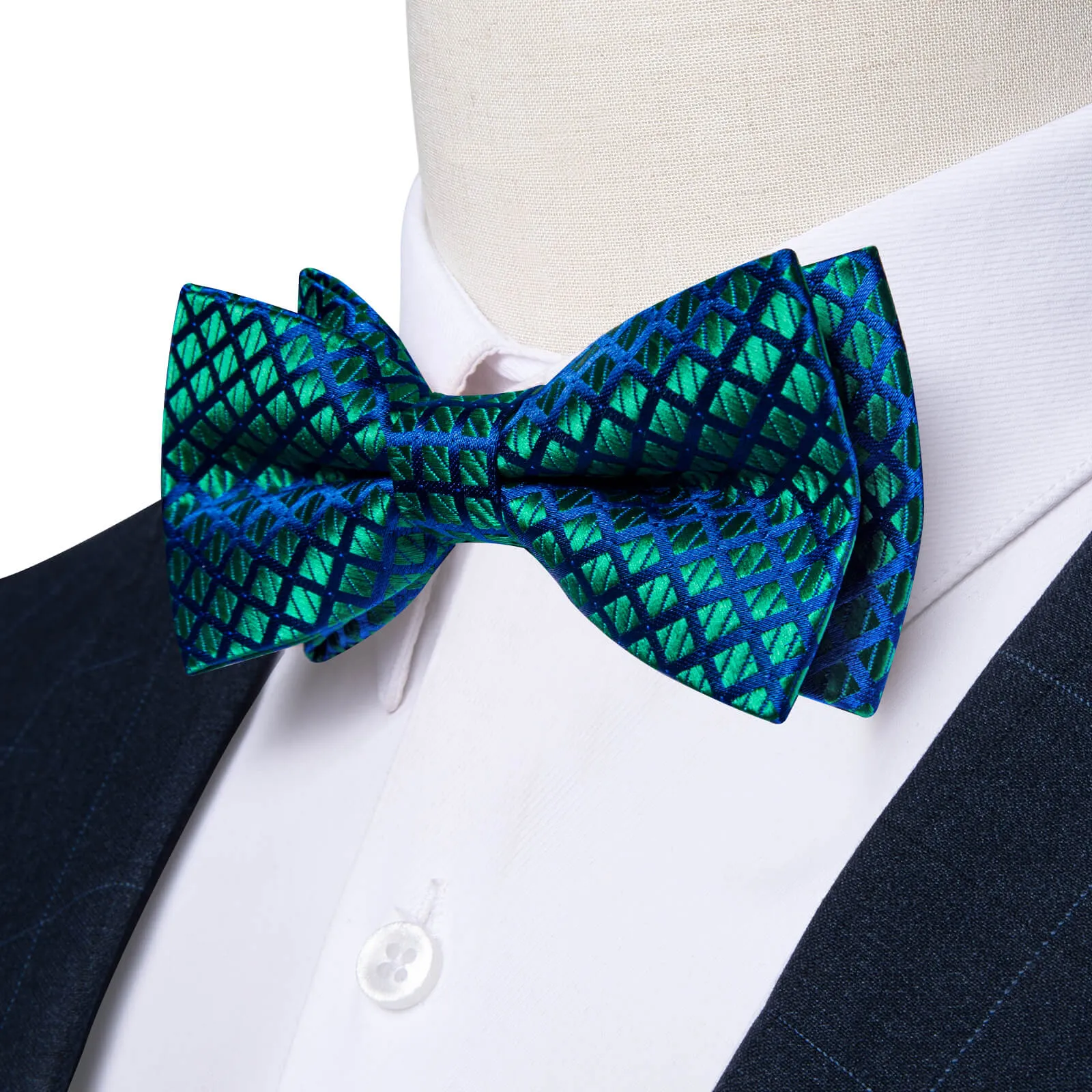 DiBanGu Kids Bow Tie Green Blue Woven Plaid Silk Pre-Bow Tie Hanky Set