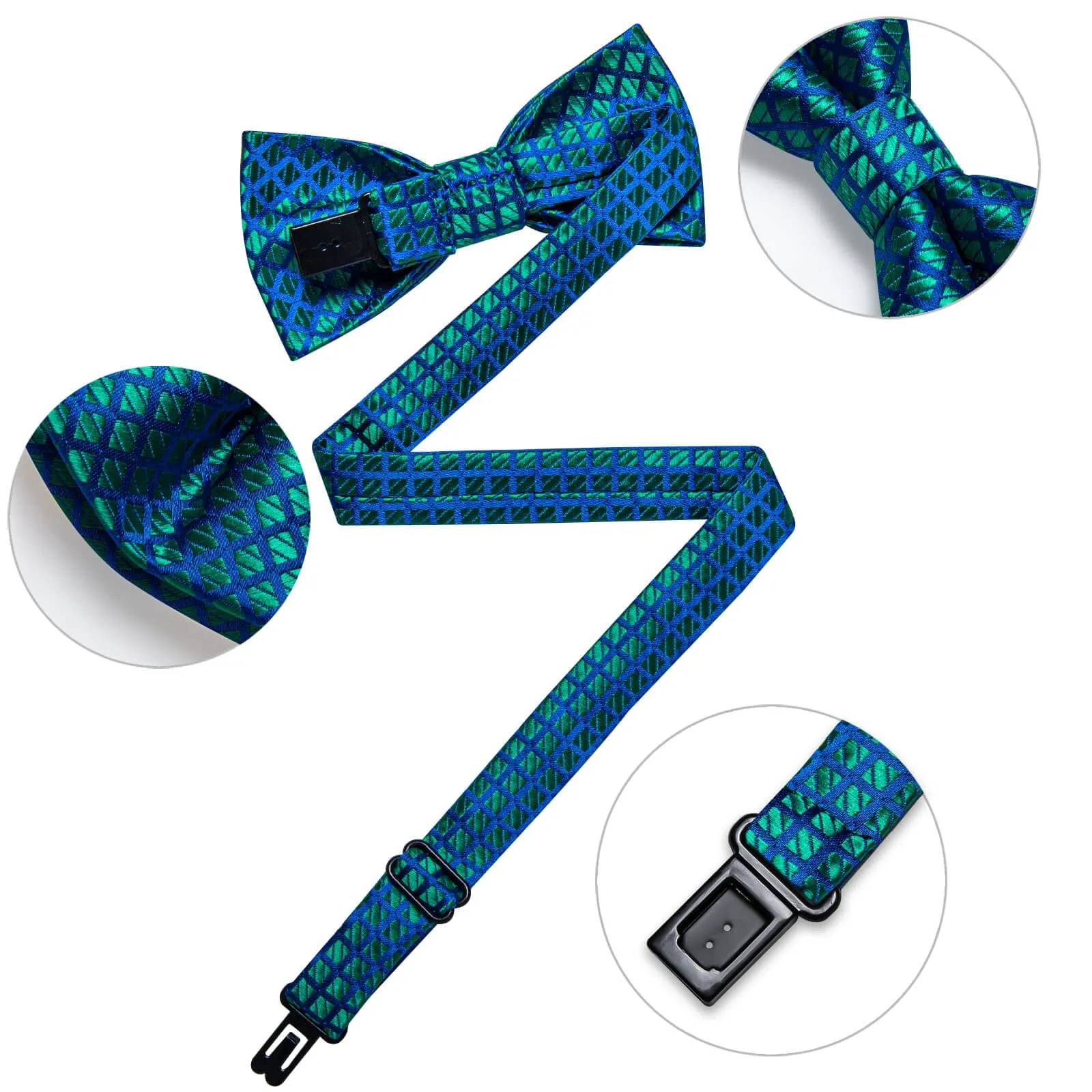 DiBanGu Kids Bow Tie Green Blue Woven Plaid Silk Pre-Bow Tie Hanky Set