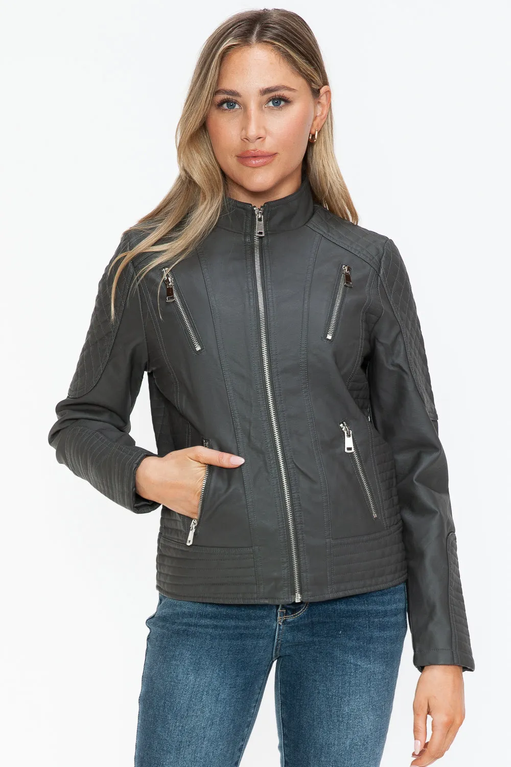 Faux Leather Zip Up Mock Neck Jacket