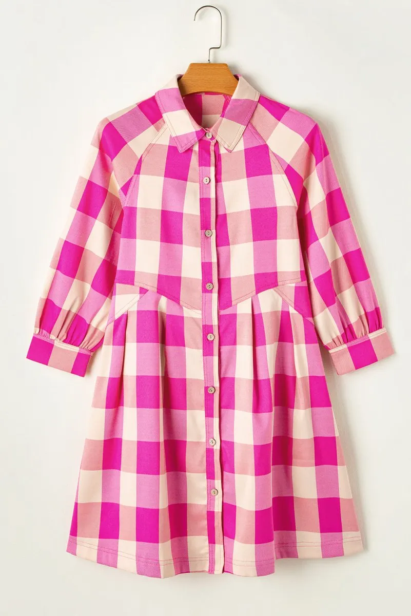 Fushia Plaid Collared Shirt Flare Mini Dress