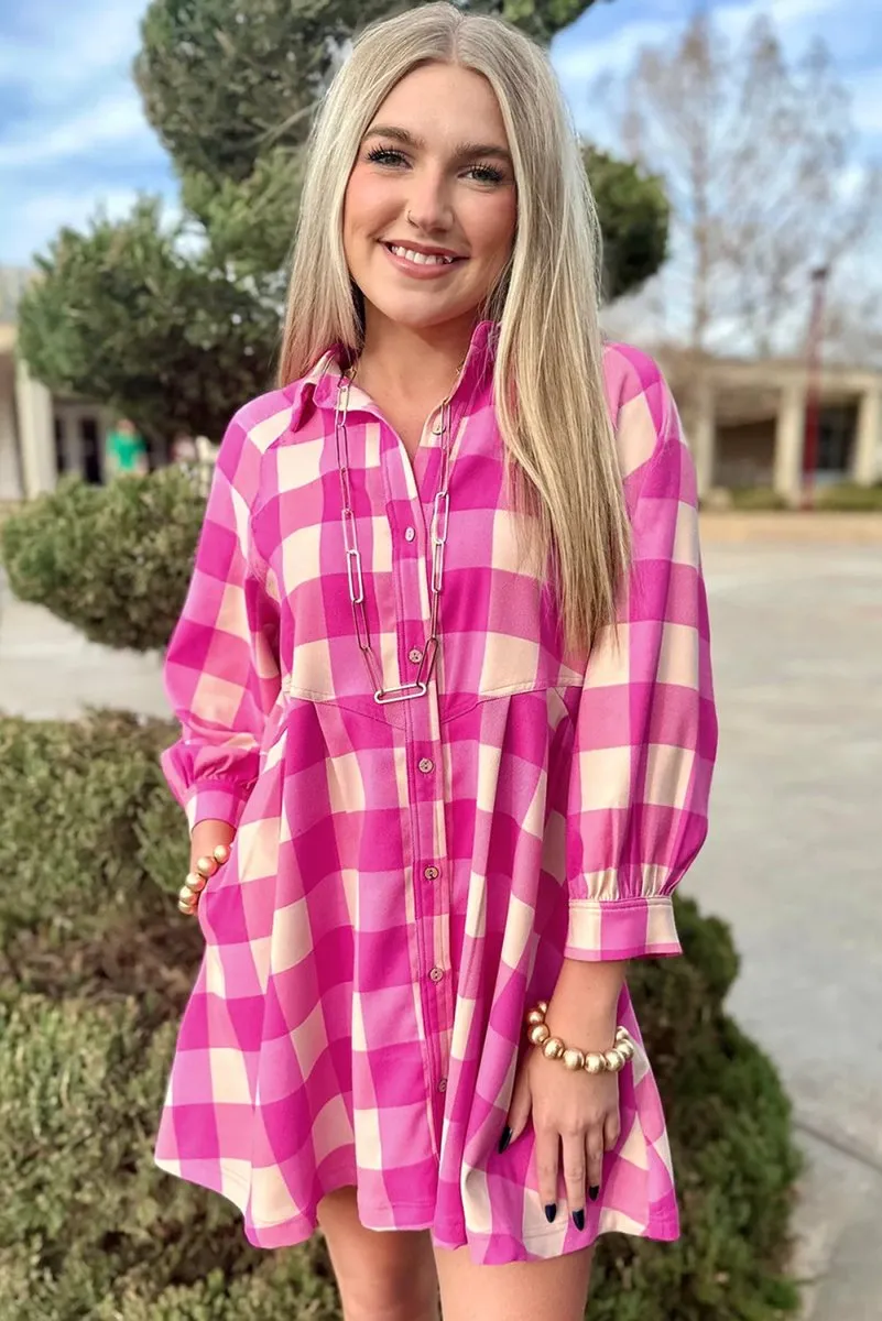 Fushia Plaid Collared Shirt Flare Mini Dress