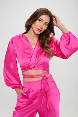 Hot Pint Silky Satin Wrap Crop Top with Tie Women's Sexy Long Sleeve Blouse Made in USA