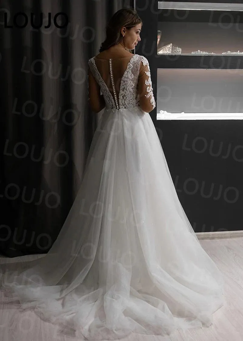 Lace Long Sleeve Sheer Illusion Neckline Boho Wedding Gowns Vintage Bride Wedding Dresses