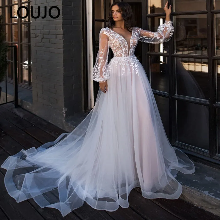 Lace Long Sleeve Sheer Illusion Neckline Boho Wedding Gowns Vintage Bride Wedding Dresses