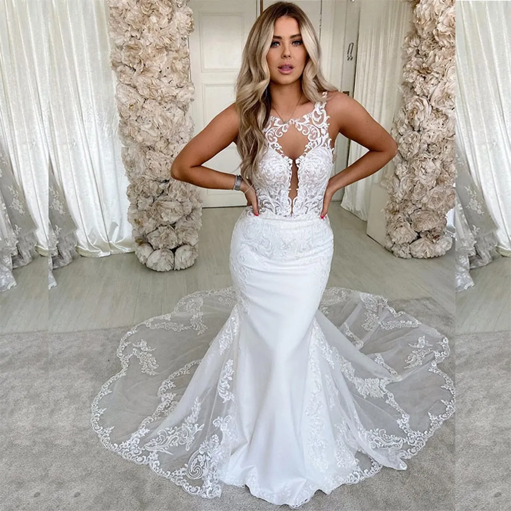 Lace Long Sleeve Sheer Illusion Neckline Boho Wedding Gowns Vintage Bride Wedding Dresses