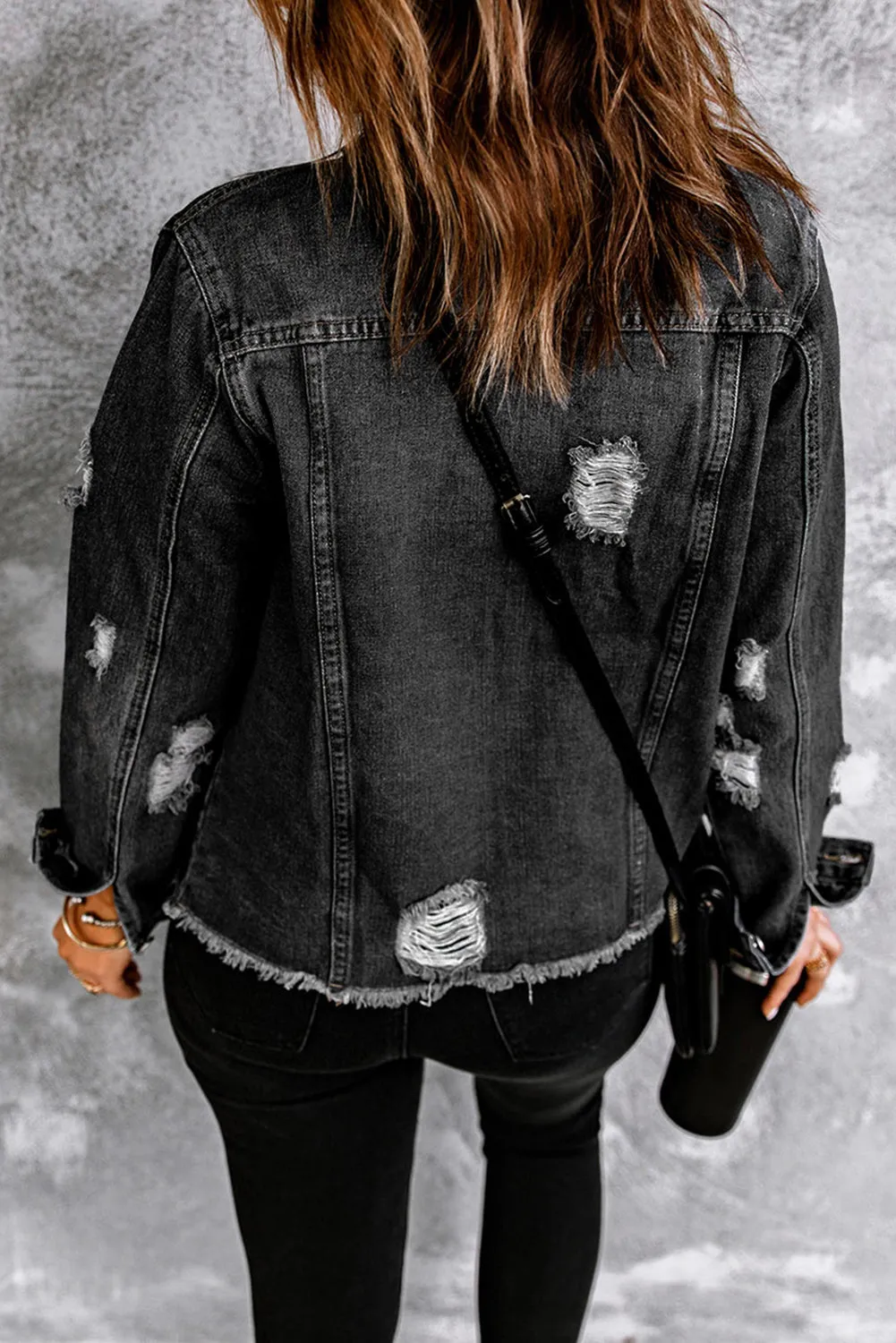 Lapel Distressed Raw Hem Buttons Denim Jacket