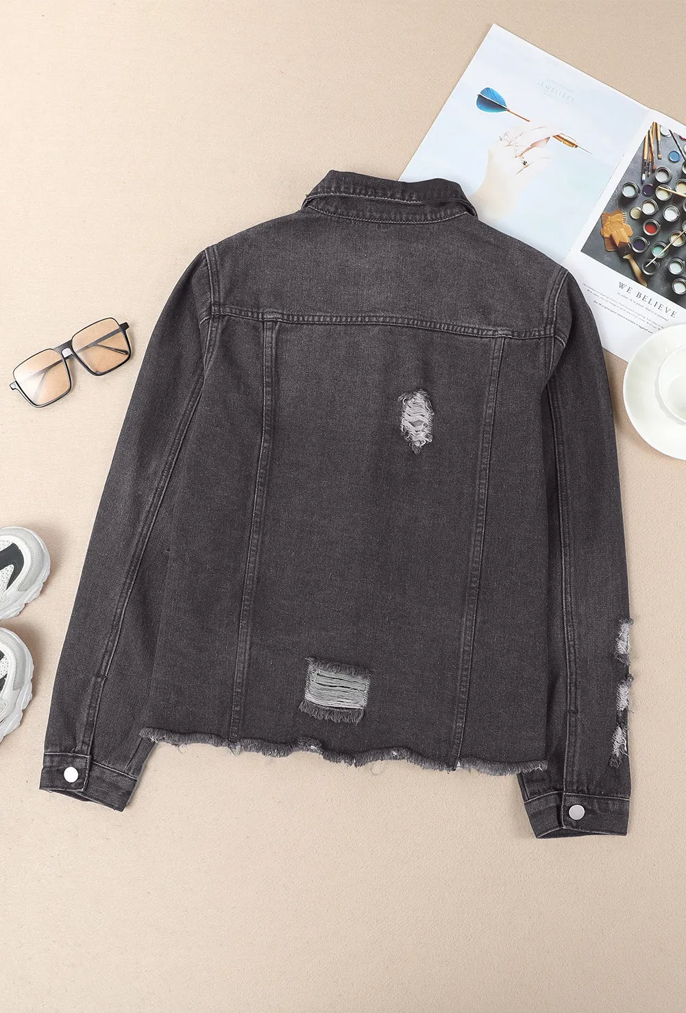 Lapel Distressed Raw Hem Buttons Denim Jacket