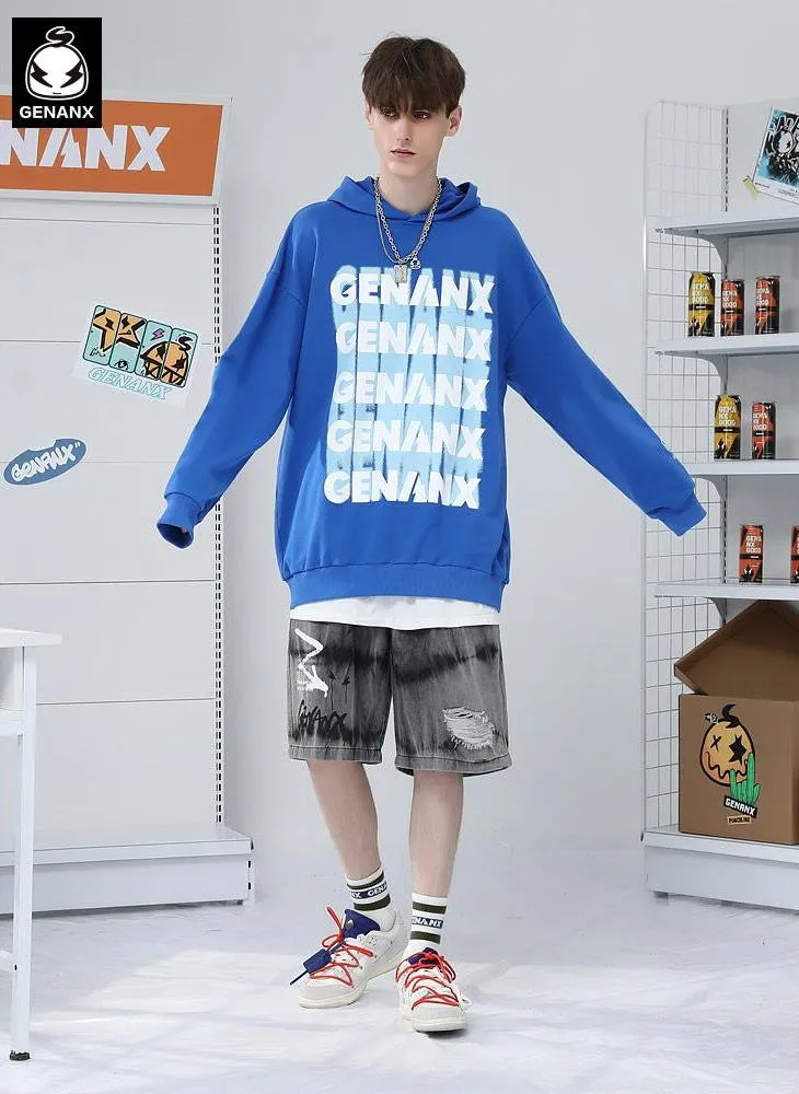 Letter Graffiti Print Drop-Shoulder Sleeve Fine Knit Hoodies