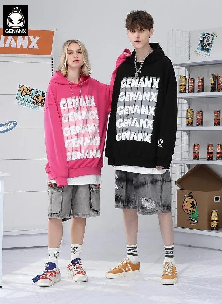 Letter Graffiti Print Drop-Shoulder Sleeve Fine Knit Hoodies