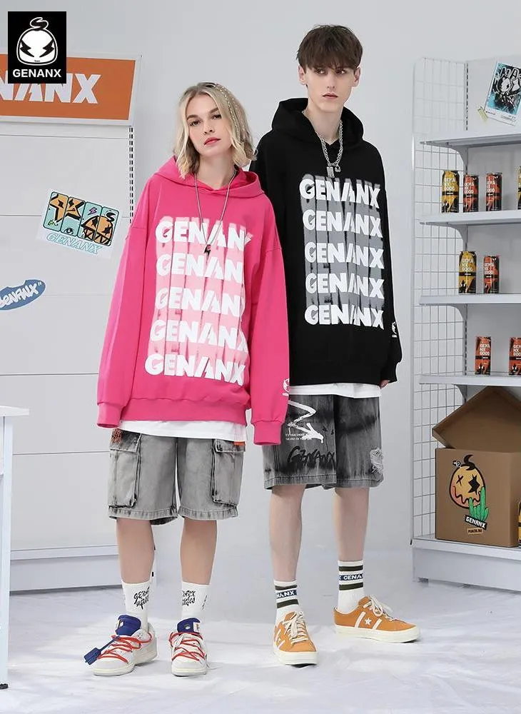 Letter Graffiti Print Drop-Shoulder Sleeve Fine Knit Hoodies