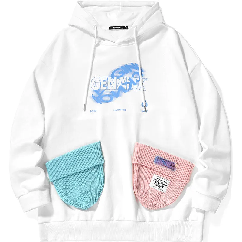 Letter Print Color Block Three-Dimensional Pocket Hoodies