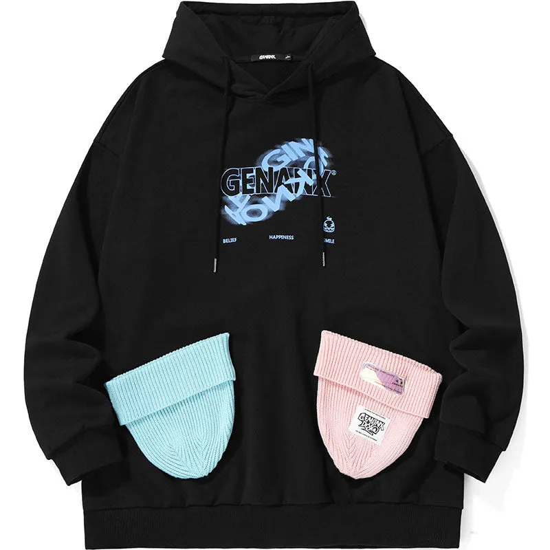 Letter Print Color Block Three-Dimensional Pocket Hoodies