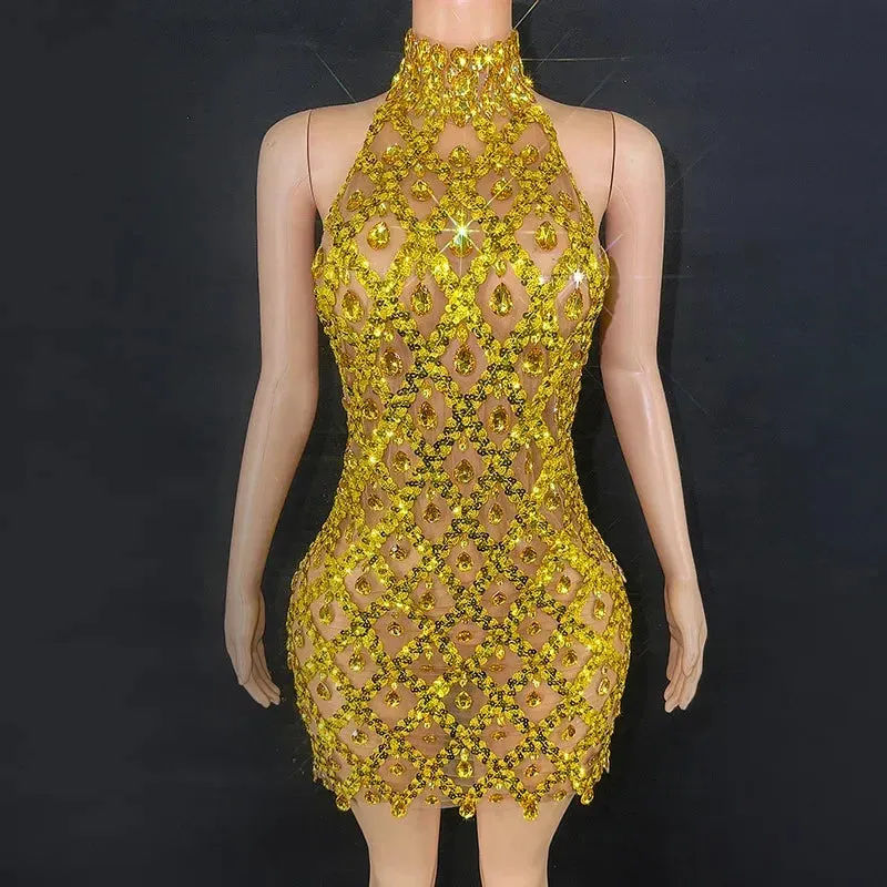 Luxury Evening Party Dress with Mesh Gold Black Sequins and Rhinestones