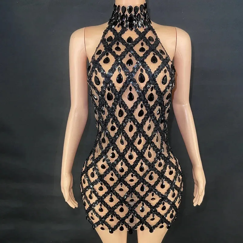 Luxury Evening Party Dress with Mesh Gold Black Sequins and Rhinestones