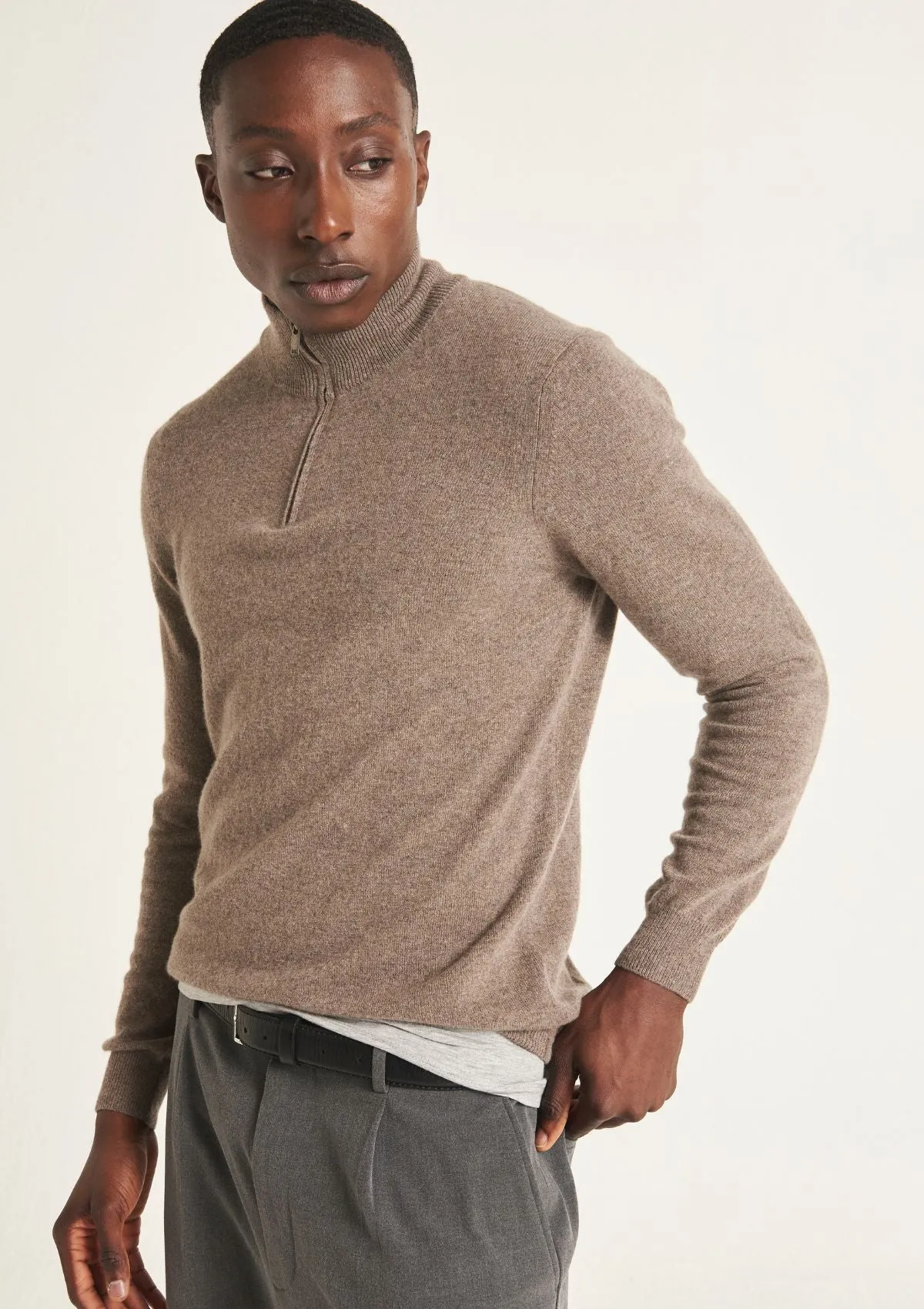 Mens Cashmere Half Zip Sweater in Otter Brown