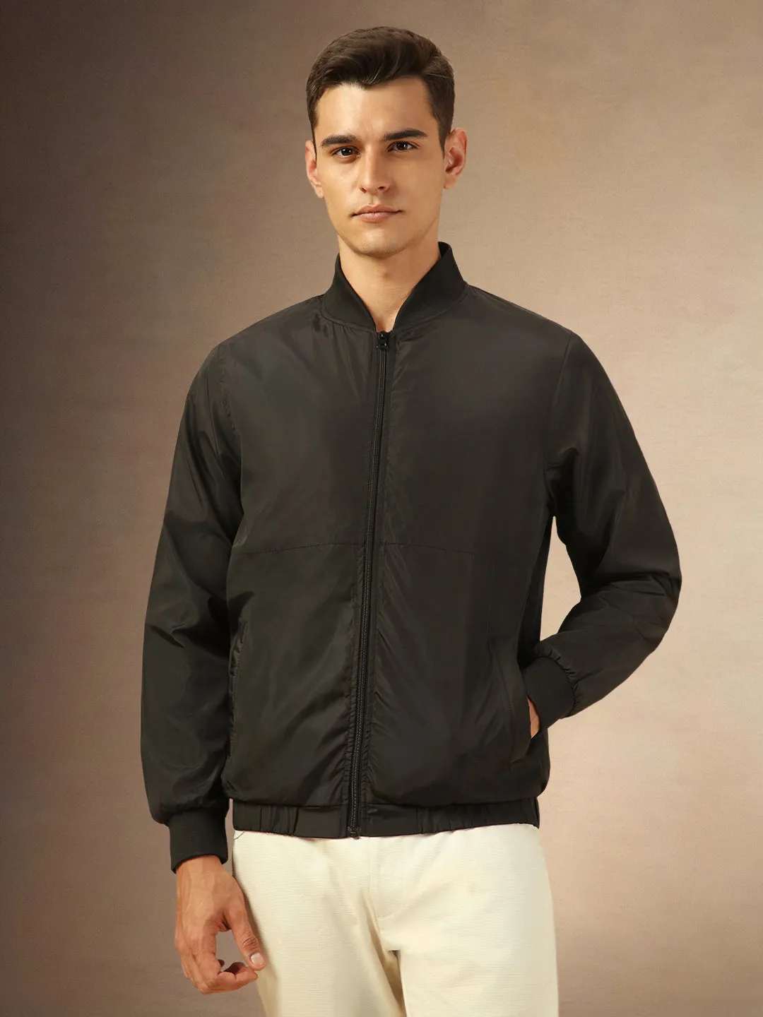 Men's Solid Black Rib Collar Full Sleeves Bomber Jacket