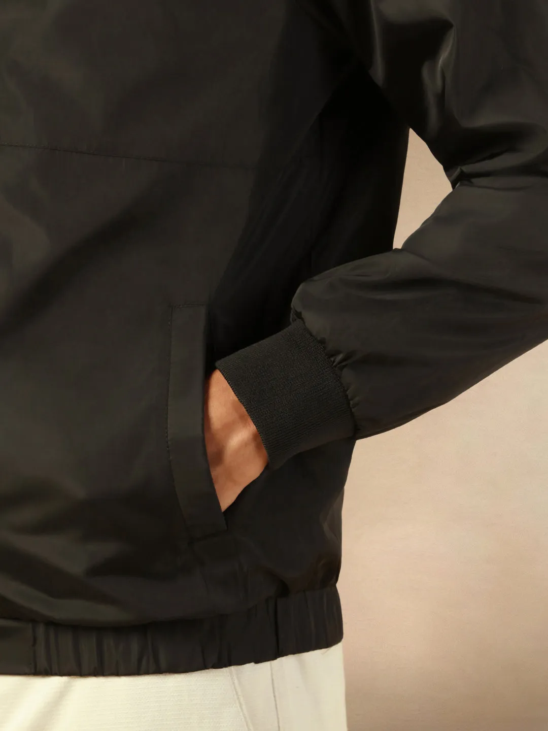 Men's Solid Black Rib Collar Full Sleeves Bomber Jacket