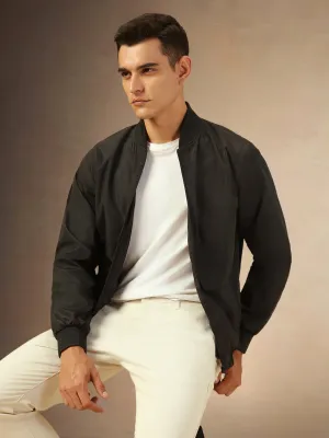 Men's Solid Black Rib Collar Full Sleeves Bomber Jacket