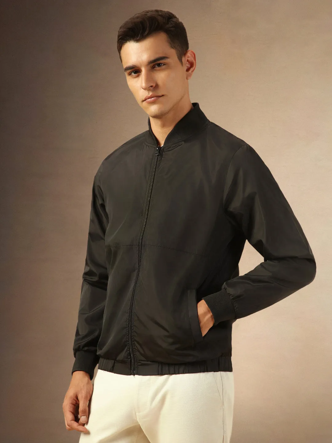 Men's Solid Black Rib Collar Full Sleeves Bomber Jacket