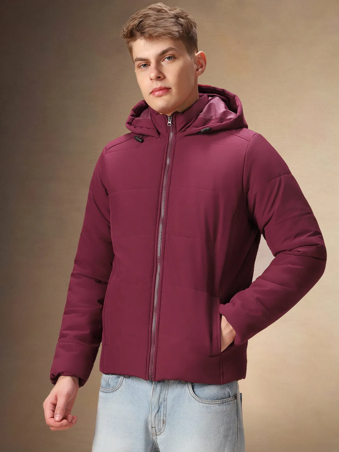 Men's Solid Maroon Full Sleeves Hooded Puffer Jakcet