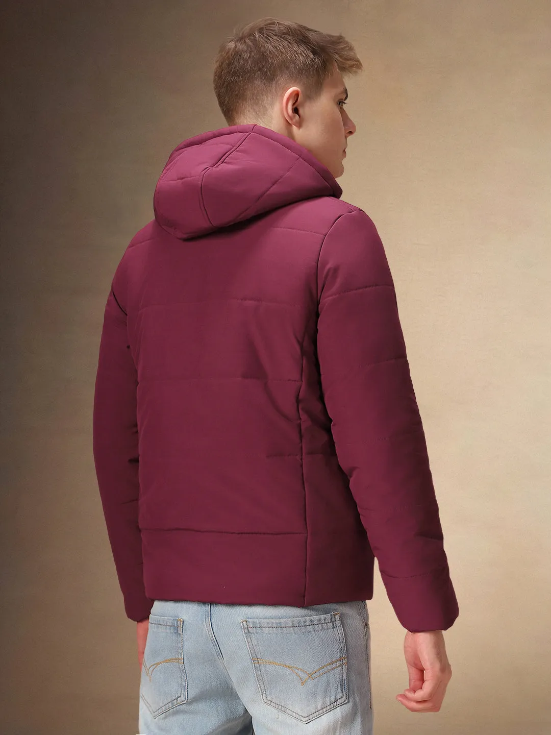 Men's Solid Maroon Full Sleeves Hooded Puffer Jakcet