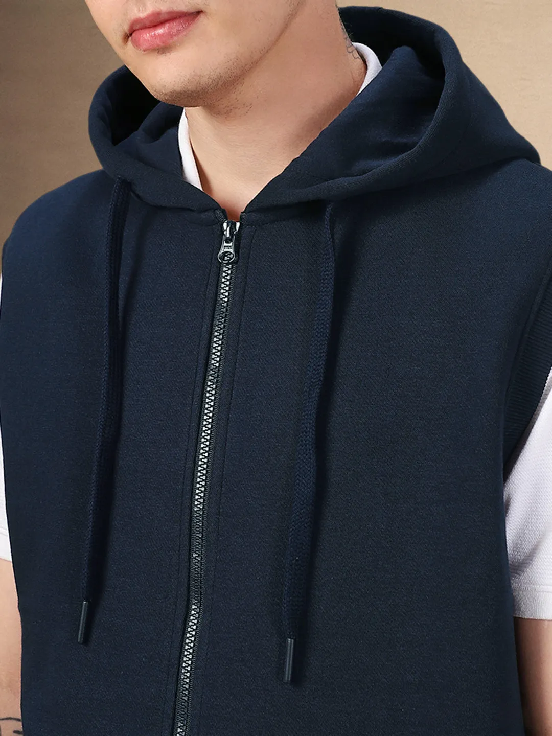 Men's Solid Navy Hooded Sleeveless Regular Fit Hoodie