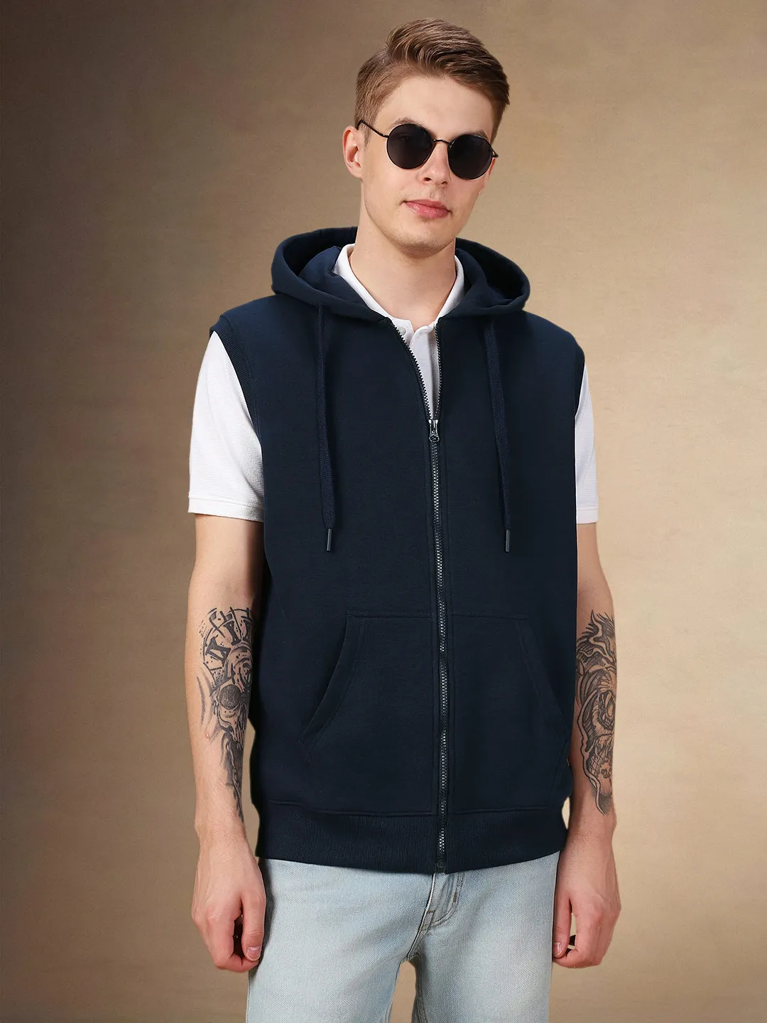 Men's Solid Navy Hooded Sleeveless Regular Fit Hoodie