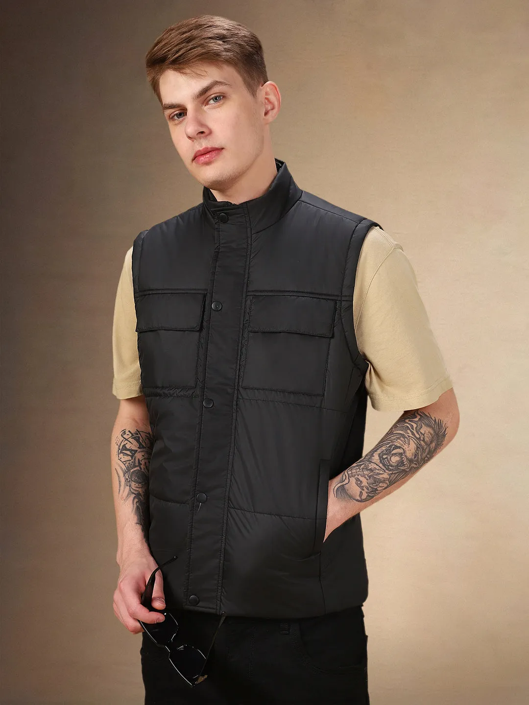 Men's Solid Stand Collar Sleeveless Regular Fit Gilet Jacket