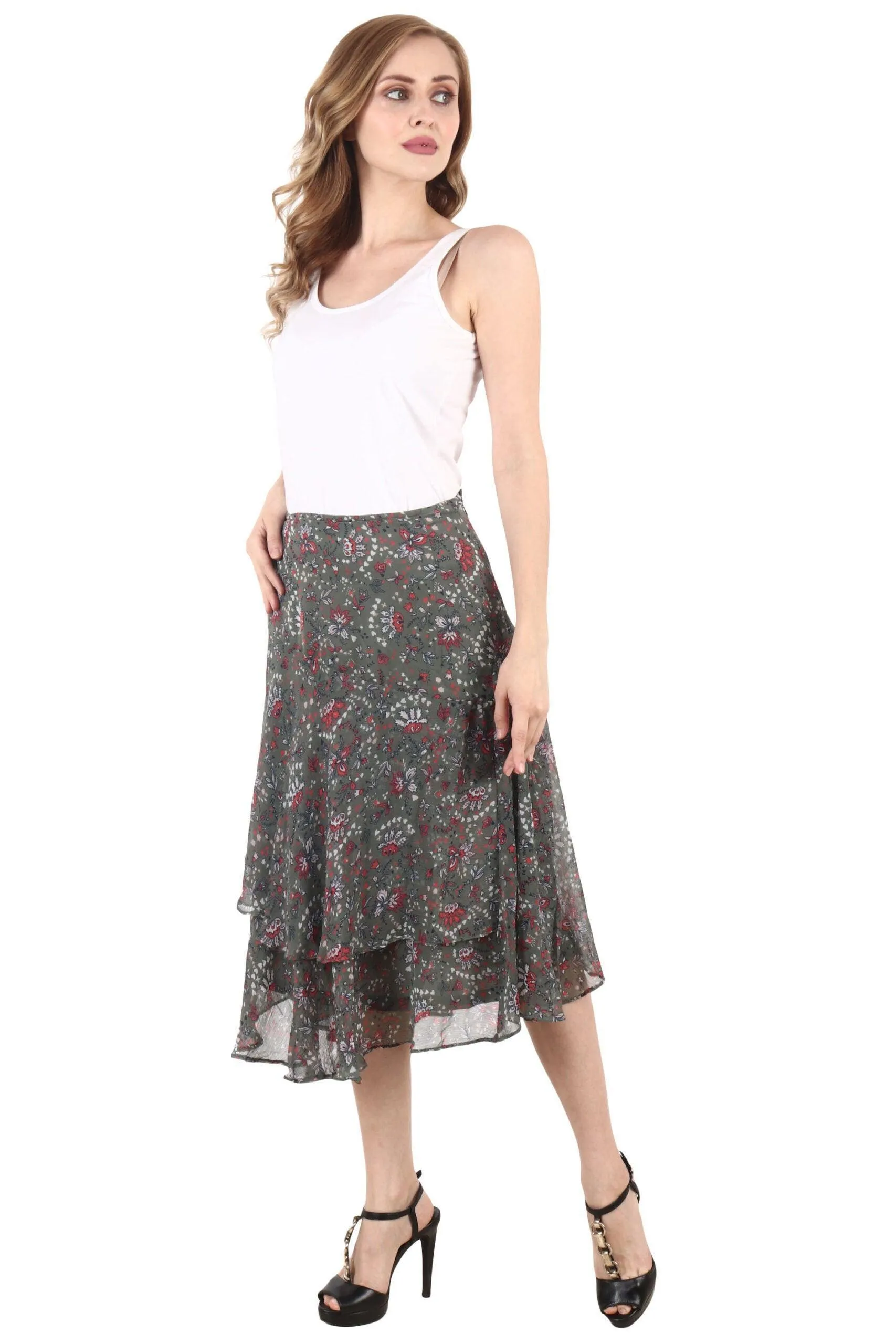 Olive Green Floral Printed Skirt